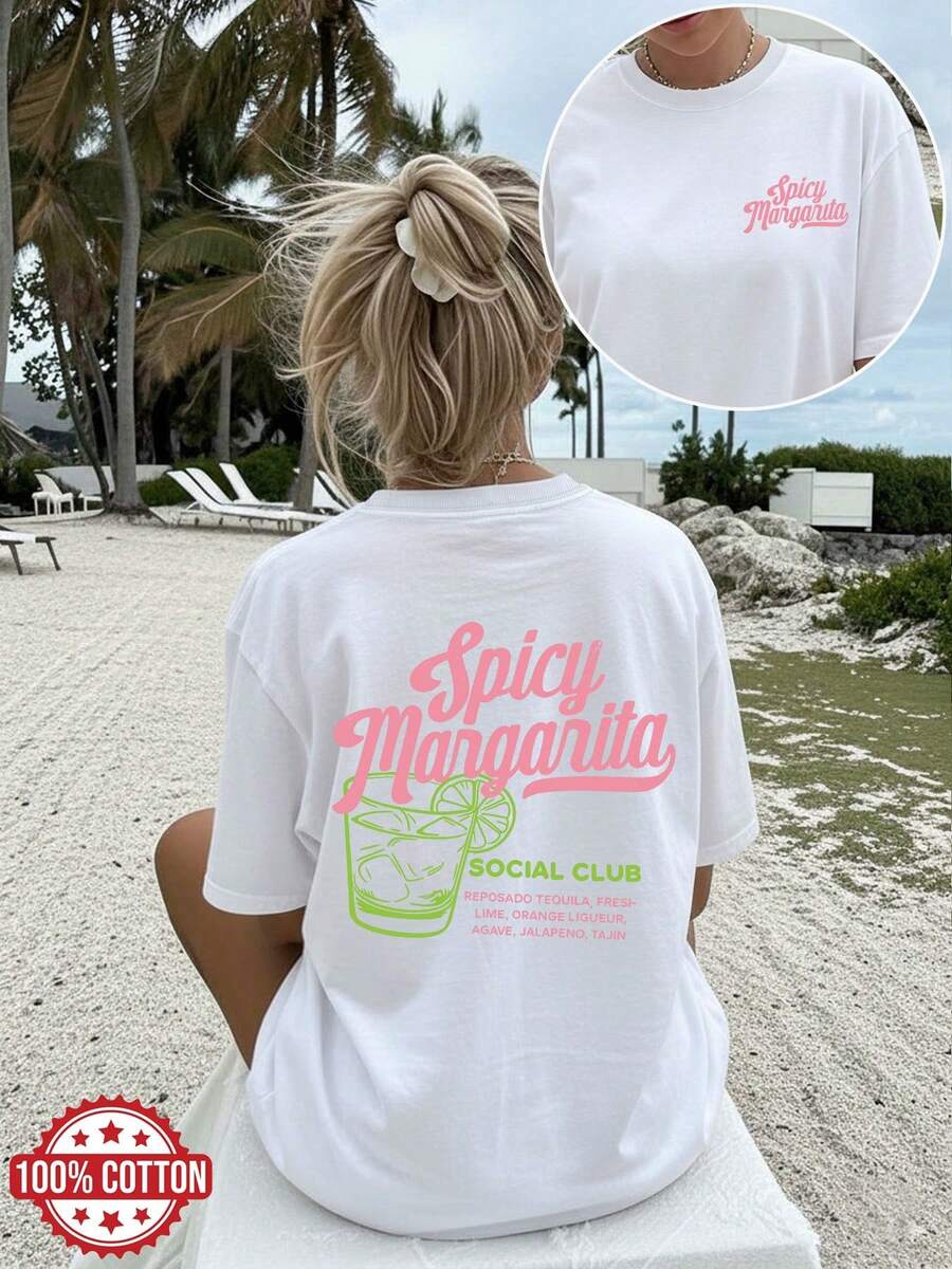 New Fashionable Women's Crew Neck T-Shirt [Double-Sided Print] Summer Top With A Retro Style Featuring A Cocktail Glass Design, Spicy Margarita, SOCIAL CLUB, Reposado Tequila, Fresh Lime, Orange Liqueur, Agave, Jalapeño, Tajín. Crew Neck, Cotton, Short Sleeves, Dropped Shoulders, Oversized T-Shirt. Versatile Design For Summer. - 白色 - 查看 1