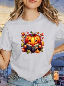 Short-Sleeved T-Shirt With Round Neck And Creative Digital Print 'Pumpkin With Open Book', Casual T-Shirt For Women, Loose And Comfortable, Versatile For Casual Outfits, Informal Outings, Home Or Work. - 白色 - 查看 1