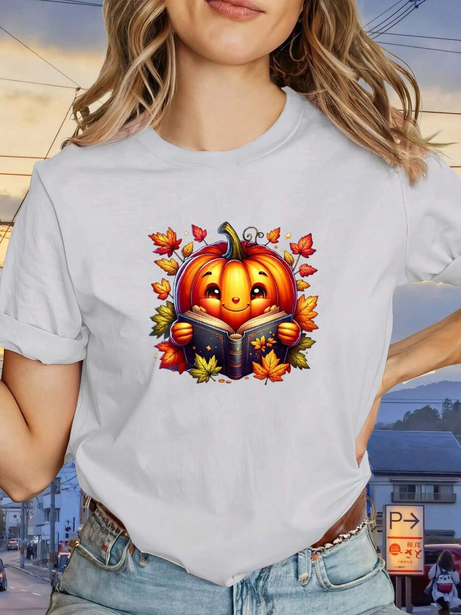 Short-Sleeved T-Shirt With Round Neck And Creative Digital Print 'Pumpkin With Open Book', Casual T-Shirt For Women, Loose And Comfortable, Versatile For Casual Outfits, Informal Outings, Home Or Work. - 白色 - 查看 1