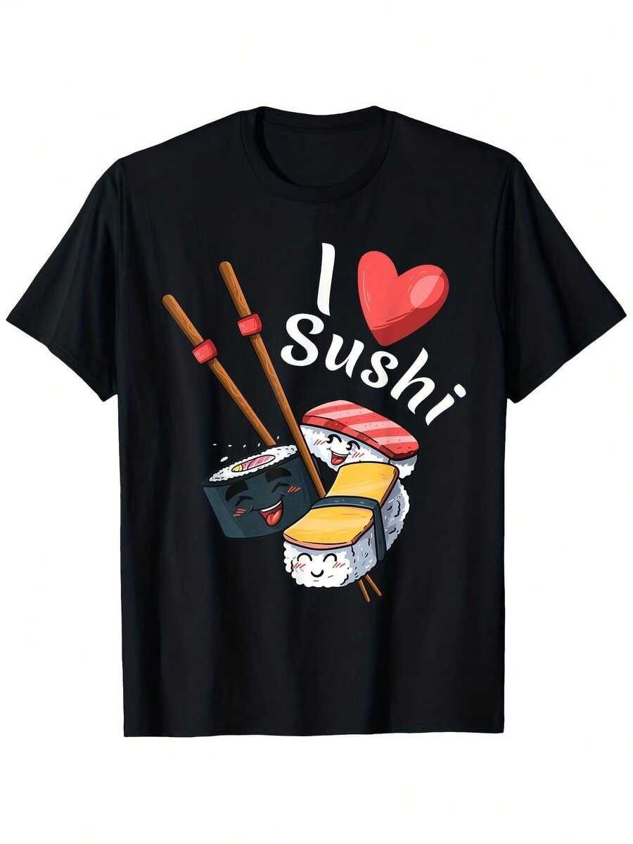 Modern And Unique Japanese-Style T-Shirt With A Sushi And Sashimi Design And Soy Sauce, "I Love Sushi." This Loose-Fitting, Unisex Short-Sleeved T-Shirt Is Casual And Comfortable, Made From 100% Pure Cotton. Available In Sizes S-XXXL, This Soft And Comfortable Cotton T-Shirt Is Machine Washable And Suitable For Everyday Wear, As Well As A Unique Gift. It's Also A Great Casual Wear Option For Sports Enthusiasts In All Seasons. | Fun Design T-Shirt | Ideal For The Gym And Outdoor Activities - 黑色 - 查看 1