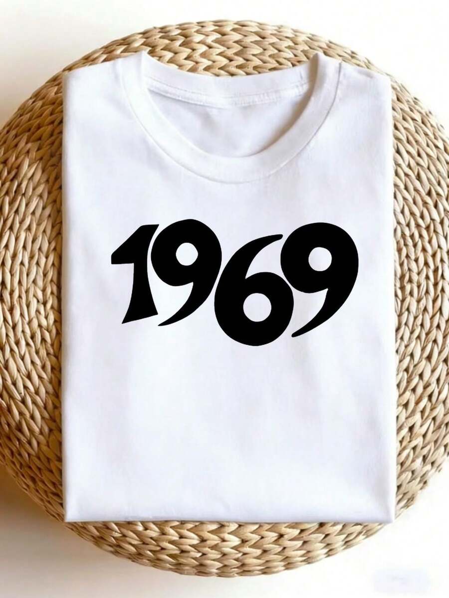 1969 Printed Short Sleeve T-Shirt - Casual Summer Crew Neck T-Shirt With Numbers, Machine Washable, Suitable For Casual Wear And Vintage Style (Size) - White - View 1