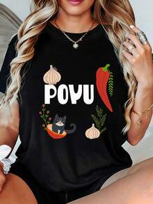 POYU Women's T-Shirt With Fun Cat, Garlic, And Chili Design - Short-Sleeve Food Illustration T-Shirt, Feminine Style, Soft Summer Casual Top With Eye-Catching Lettering And A Cute Black Cat Design, A Perfect Gift For Food Lovers And Animal Enthusiasts. Women's T-Shirts - 白色 - 查看 7