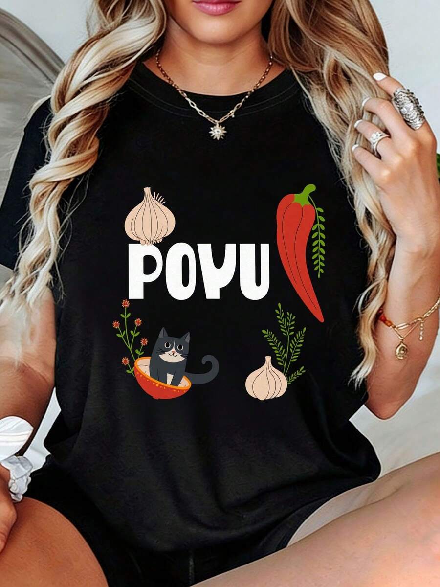 POYU Women's T-Shirt With Fun Cat, Garlic, And Chili Design - Short-Sleeve Food Illustration T-Shirt, Feminine Style, Soft Summer Casual Top With Eye-Catching Lettering And A Cute Black Cat Design, A Perfect Gift For Food Lovers And Animal Enthusiasts. Women's T-Shirts - 黑色 - 查看 1