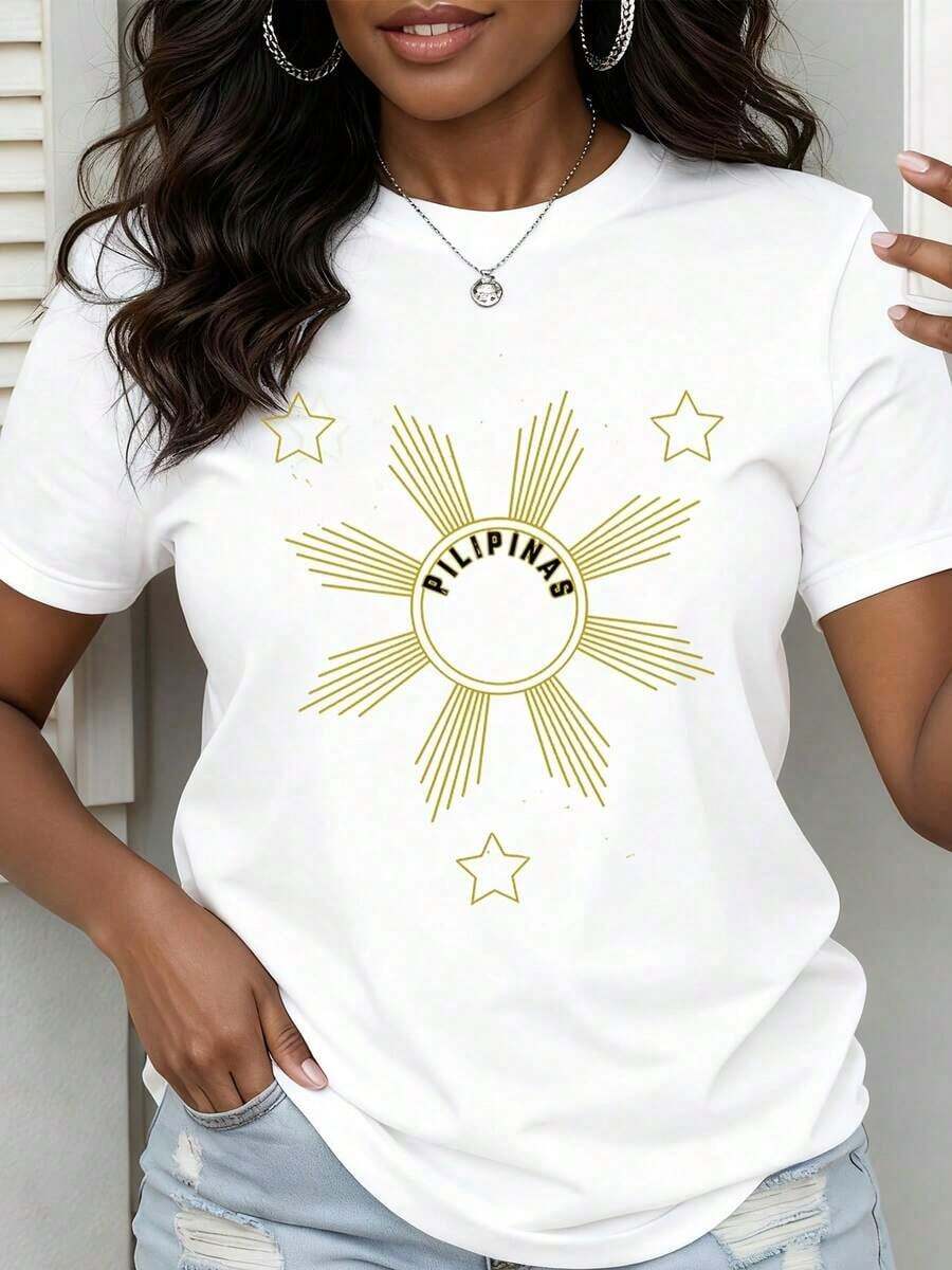 Women's Casual Short-Sleeved T-Shirt, Oversized, White, With Philippines Sun And Stars Print, For Everyday Wear And Celebrating National Pride, 100% Cotton. - 白色 - 查看 1