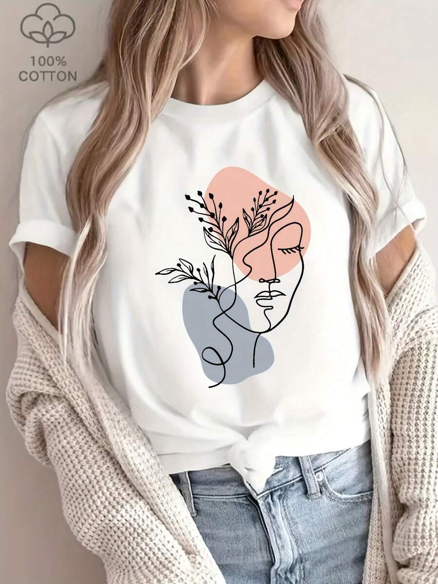 Camiseta de Mujer - Camiseta Casual de Manga Corta para Mujer - 100% Algodón, Diseño Minimalista con Arte Floral y Bloques de Color, Cuello Redondo, Corte Regular, Lavable a Máquina, Top de Primavera Verano, Camisetas para Damas, Camisa de Corte Relajado, Impresión de Alta Calidad, Camisetas para Salir de Noche para Mujer - Blanco - Ver 1
