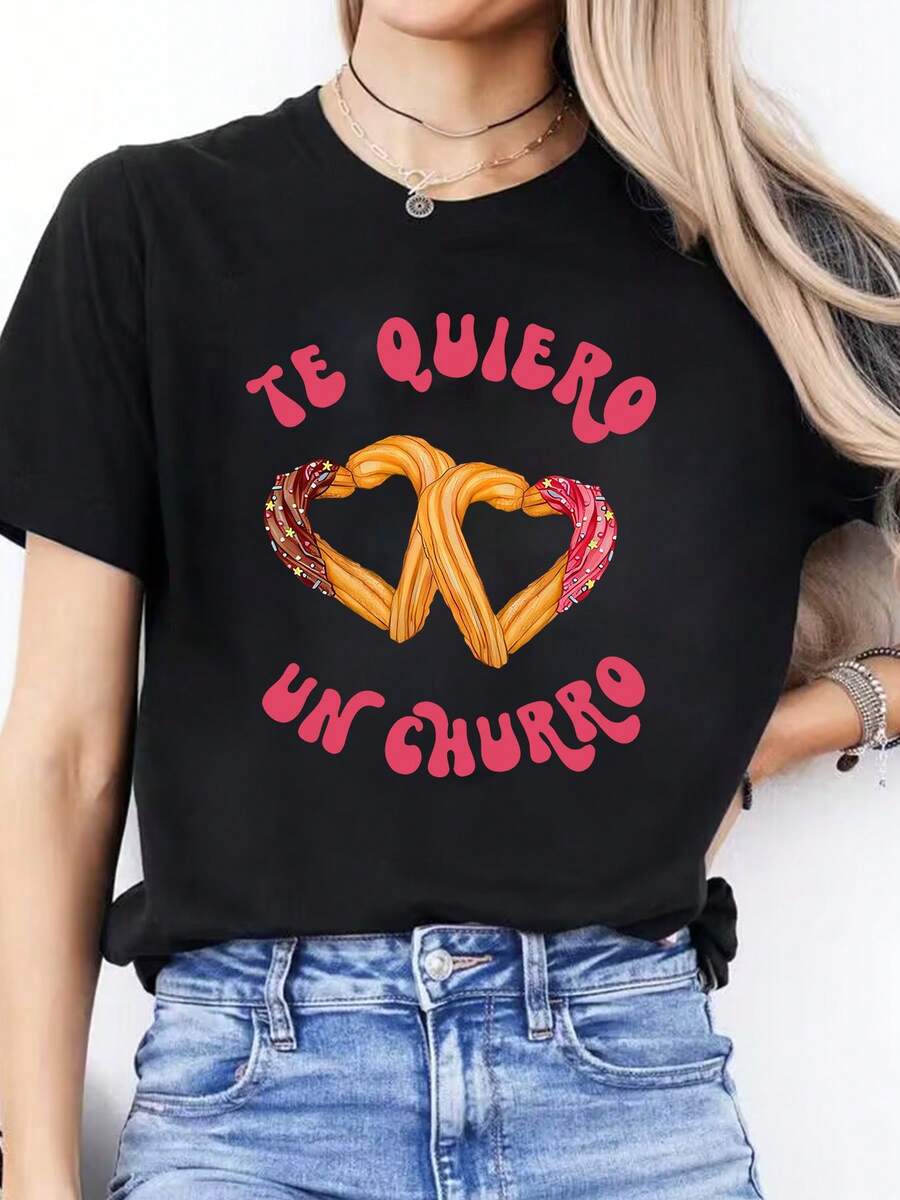 Women's Casual Blouse With Spanish Letter Print, Spring/Summer Casual T-Shirt, Short Sleeve Sports T-Shirt With Round Neck, Cotton Tops For Women. - 黑色 - 查看 1