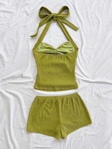 Conjunto de 2 piezas de top halter sin espalda y shorts, conjunto de ropa para vacaciones - Verde 2 - Ver 2