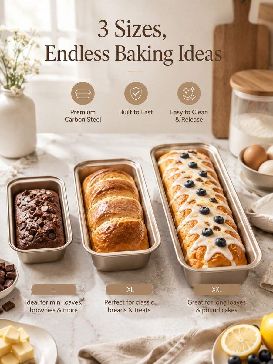 L/XL/XXL Open Top Nonstick Carbon Steel Loaf Pan, Rectangular Bread Baking Mold For Toast, Pound Cake, Banana Bread & Home Bakery - Gold - View 1