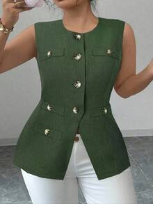 ajustado de estilo francés minimalista, versátil y cómodo con abertura frontal, adelgazante, blazer de verano para mujer de talla grande de tejido tejido elegante y sofisticado - Verde militar - Ver 5