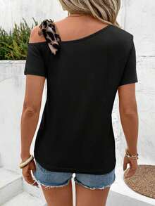 Camiseta de manga corta con cordones y estampado de leopardo para mujer, adecuada para ir al trabajo y actividades al aire libre, de estilo casual - Negro - Ver 9