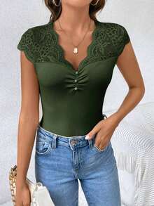 Camiseta Ajustada De Manga Corta Con Borde De Encaje Para Mujer - Verde - Ver 4