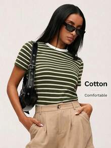 BASICS Camiseta casual con estampado a rayas para primavera y verano - Verde militar - Ver 6