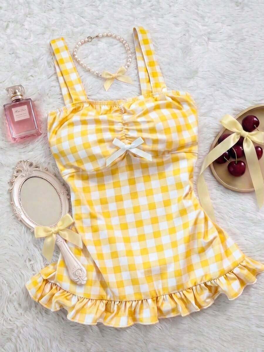 Esta dulce y adorable blusa corta de corte ceñido con estilo de cuento de hadas Y2K es perfecta para mujeres, con detalles de cuadros y adorables adornos de lazo.El aspecto general es dulce e inocente, lo que la convierte en un regalo ideal para - Multicolor 7 - Ver 1