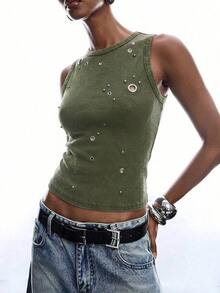 Camiseta de mujer con tachuelas, adecuada para citas, festivales de música, fiestas - Verde militar - Ver 5
