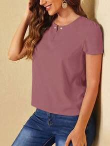Clasi Blusa De Manga Abullonada Para Mujer Decorada Con Perlas - Rosa - Ver 5