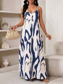 Lady Vestido largo casual de mujer con estampado floral, bolsillo con abertura - Azul y blanco - Ver 6