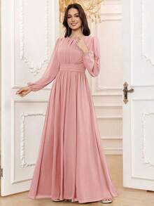 Vestido de dama de honor formal de gasa de manga larga hasta el suelo con corte evasé, color borgoña elegante, vestido de invitada de boda, mangas sin forro, primavera - Rosa Pálido - Ver 6