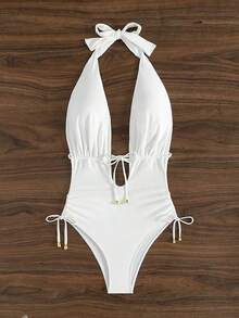 Mujeres traje de baño de una pieza con escote en V profundo y lazo frontal, espalda abierta, lazo de cuello para vacaciones - Blanco - Ver 1