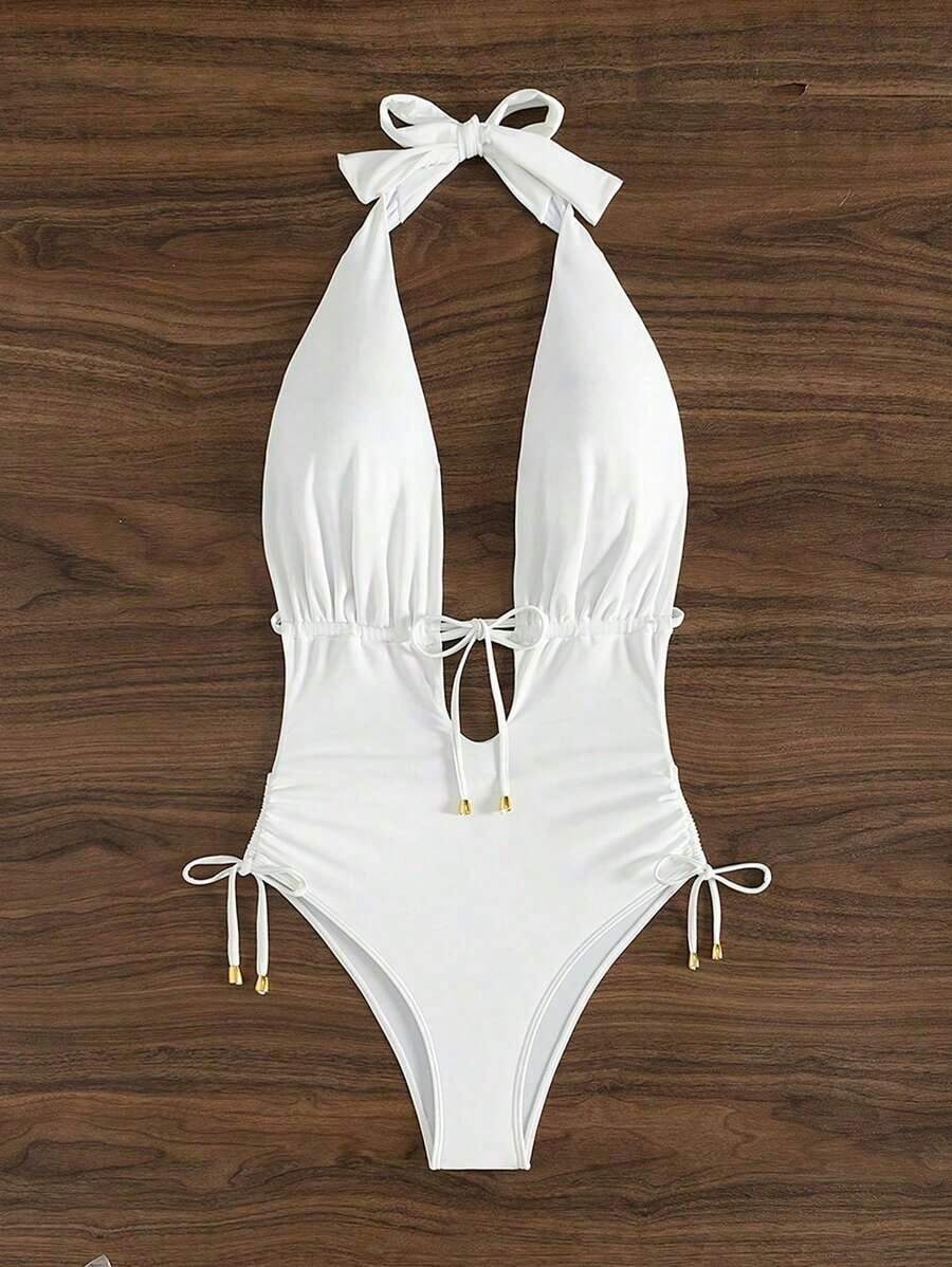 Mujeres traje de baño de una pieza con escote en V profundo y lazo frontal, espalda abierta, lazo de cuello para vacaciones - Blanco - Ver 1