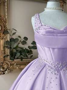 Vestido elegante, lujoso y noble de estilo palaciego con hombros abiertos, escote corazón sin tirantes, silueta de sirena, decoración de perlas falsas y bajo acampanado, adecuado para despedida de soltera, boda, graduación, vacaciones y fiesta de - Morado Violeta - Ver 4