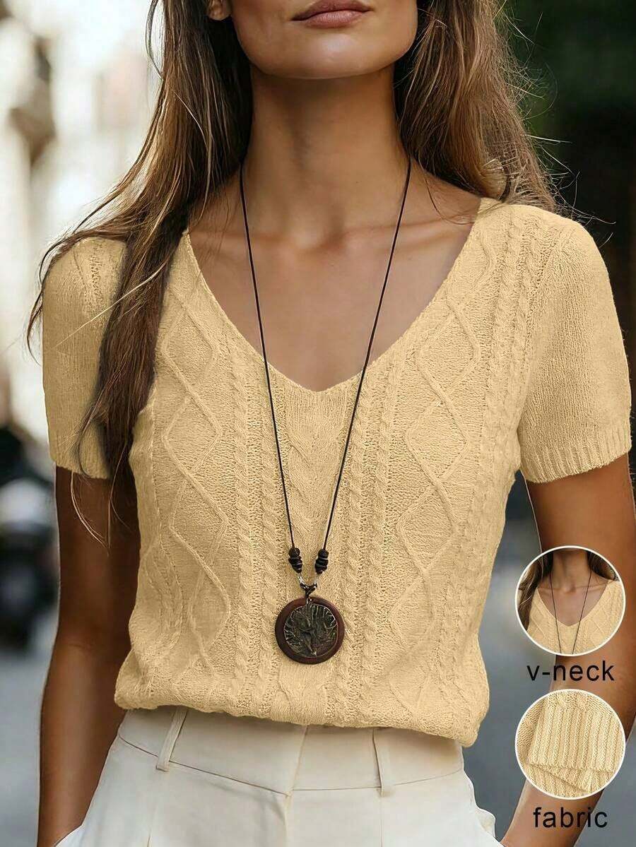 Blusa de punto ajustada con cuello en V y manga corta, color albaricoque, con detalle de trenzado, uso diario minimalista - Amarillo - Ver 1