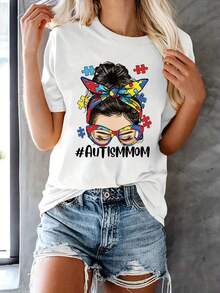 Printed T-Shirt For Mother's Day With The Letters 'Autism' And A Cartoon Character Design - [白色的] - 查看 2