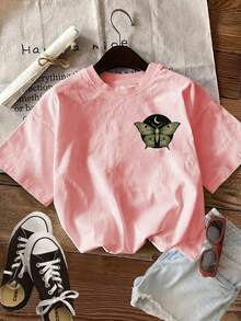 Top casual de verano para mujer con estampado de doble cara con un tema misterioso, mariposas y fases.Camiseta de manga corta y cuello redondo. - Rosa - Ver 2