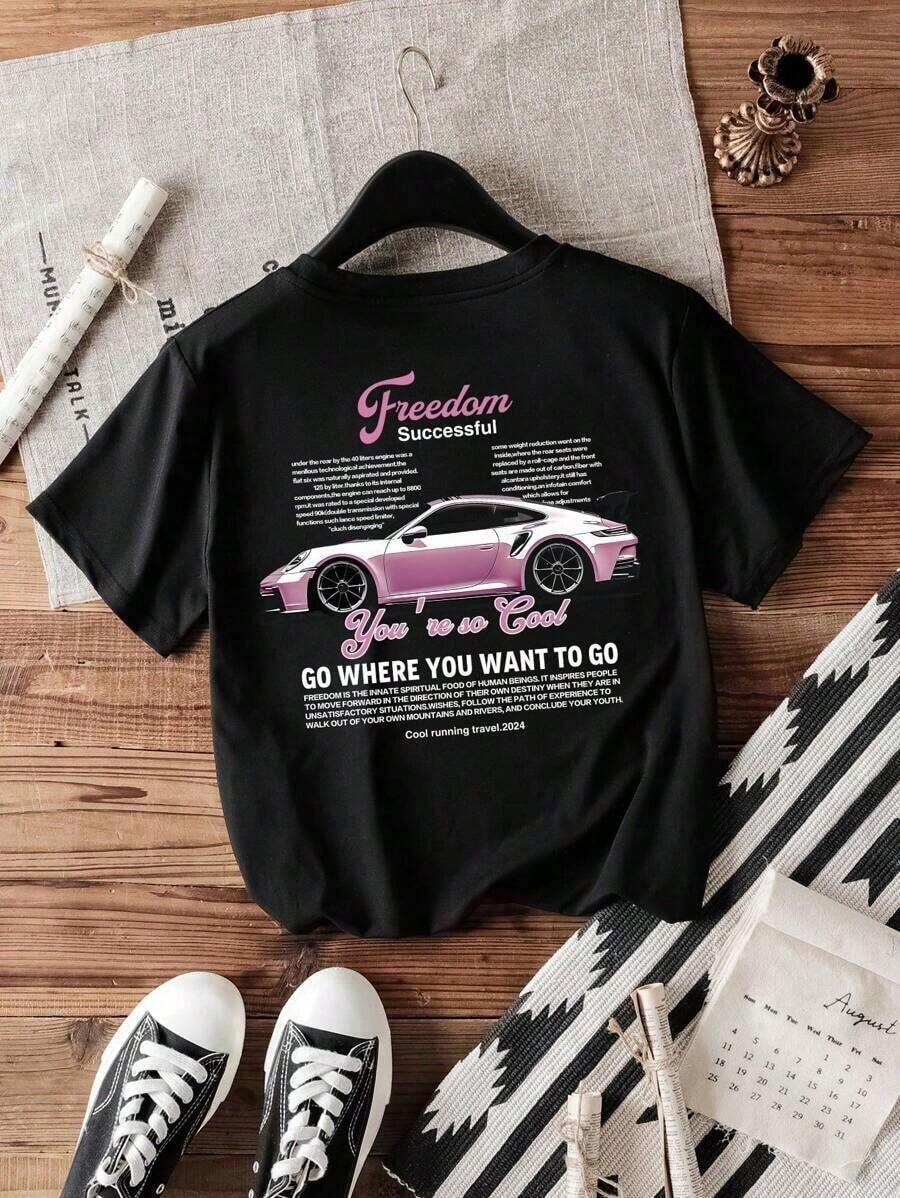 Car Graphics And Slogan T-Shirt, Casual Short Sleeve T-Shirt, Summer, Freedom, Success, You're Awesome, Go Anywhere, Great For Running And Traveling, Graphic Tees 2024, Women's Tops, Minimalist Style, Pure Cotton Sweatshirt - 黑色 - 查看 1