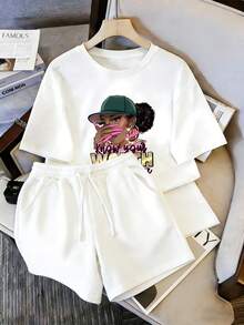 Conjunto de playera y shorts para mujer, estampado de chica afro de estilo hip-hop, con letras artísticas "know your worth", conjunto casual moderno y único - Camiseta blanca + pantalones cortos blancos - Ver 1