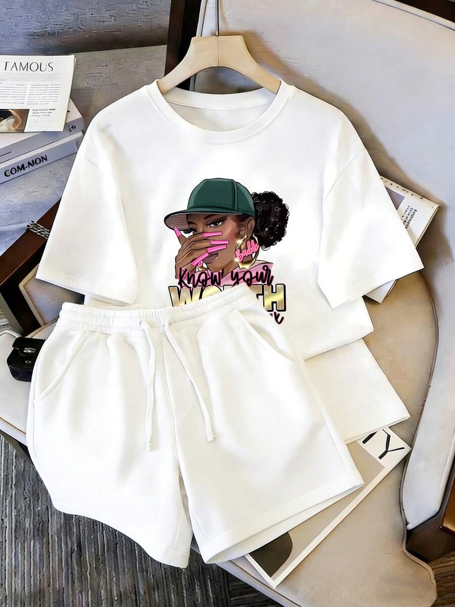 Conjunto de playera y shorts para mujer, estampado de chica afro de estilo hip-hop, con letras artísticas "know your worth", conjunto casual moderno y único - Camiseta blanca + pantalones cortos blancos - Ver 1