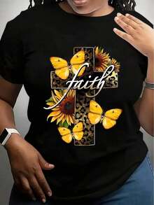 Women's Clothing. Women's T-Shirts With A Cross, Butterfly, And Sunflower Print, 100% Breathable, Featuring A Central Cross Design Adorned With Vibrant Yellow Sunflowers. Women's Shirts - 黑色 - 查看 1
