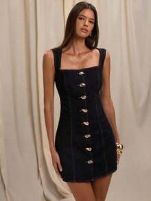 Vestido vaquero mini con botones al frente y sin mangas, casual de verano, diseño de botones al frente, estilo elegante y delgado, personalizado, estilo antiguo, ropa casual de negocios para mujer, ropa de otoño, regreso a clases, vestido de oficina, atuendos para salir, atuendos de maestra para mujer - Azul lavado oscuro 2 - Ver 6