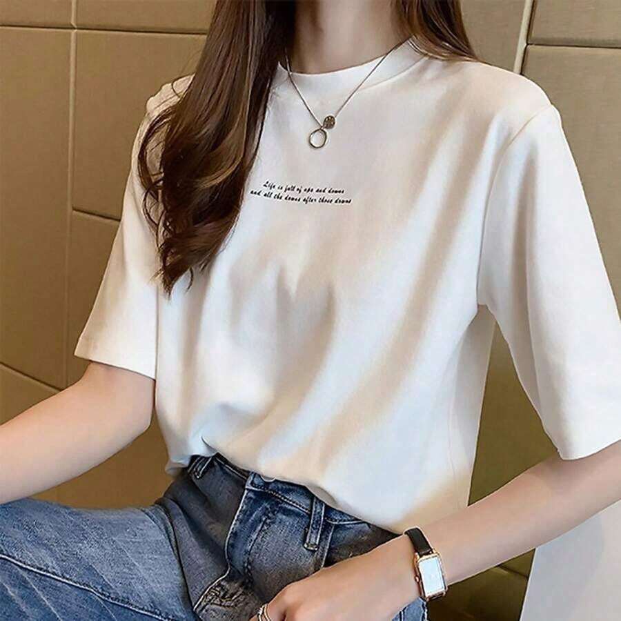 Summer Casual T-Shirt 2026, Korean Style, Loose Fit, Letter Print, Short Sleeve, For Female Students, Women's Clothing, Dropshipping, 100% Cotton, Durable - 白色 - 查看 1