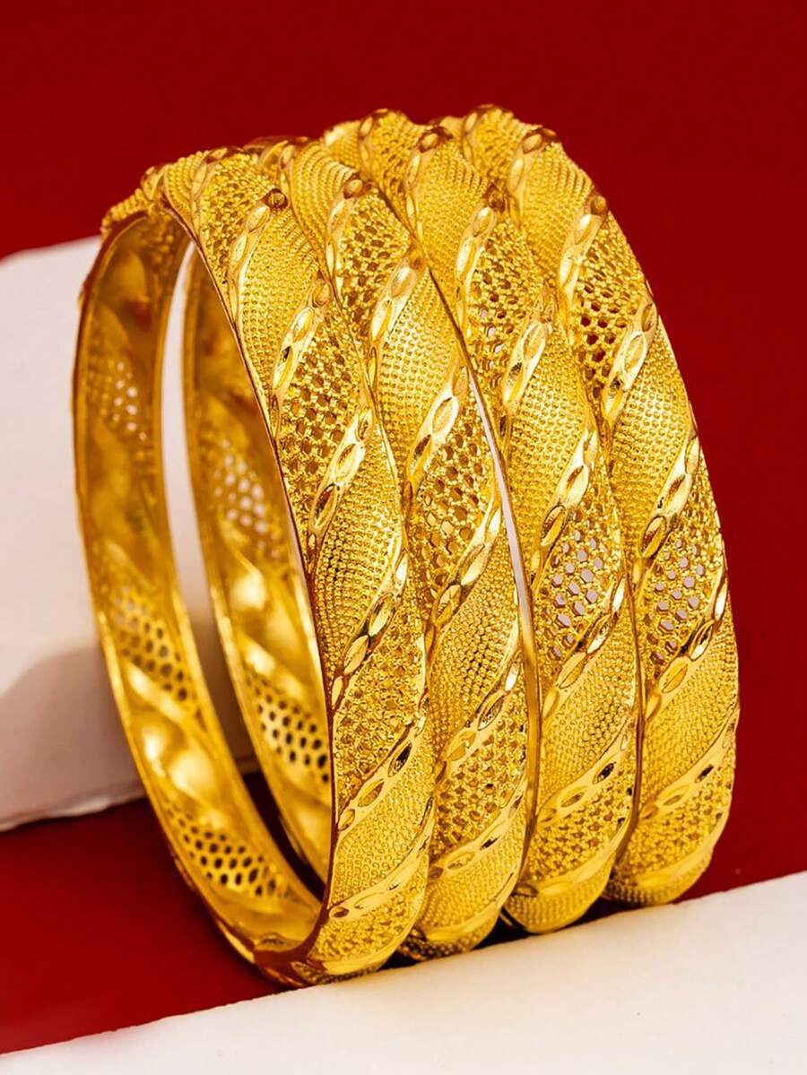 4pcs Middle Eastern Style Open Bangle Bracelets, Fashion Jewelry For Women, Luxury Bridal Accessories