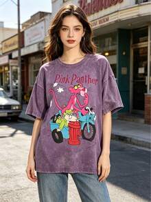 Vintage Acid Wash Pink Oversized T-Shirt, Retro Comic Newspaper Collage Graffiti Spray Paint Graphic Loose Fit 230g Heavyweight Men's Washed Tee - 水洗紫色 - 查看 3