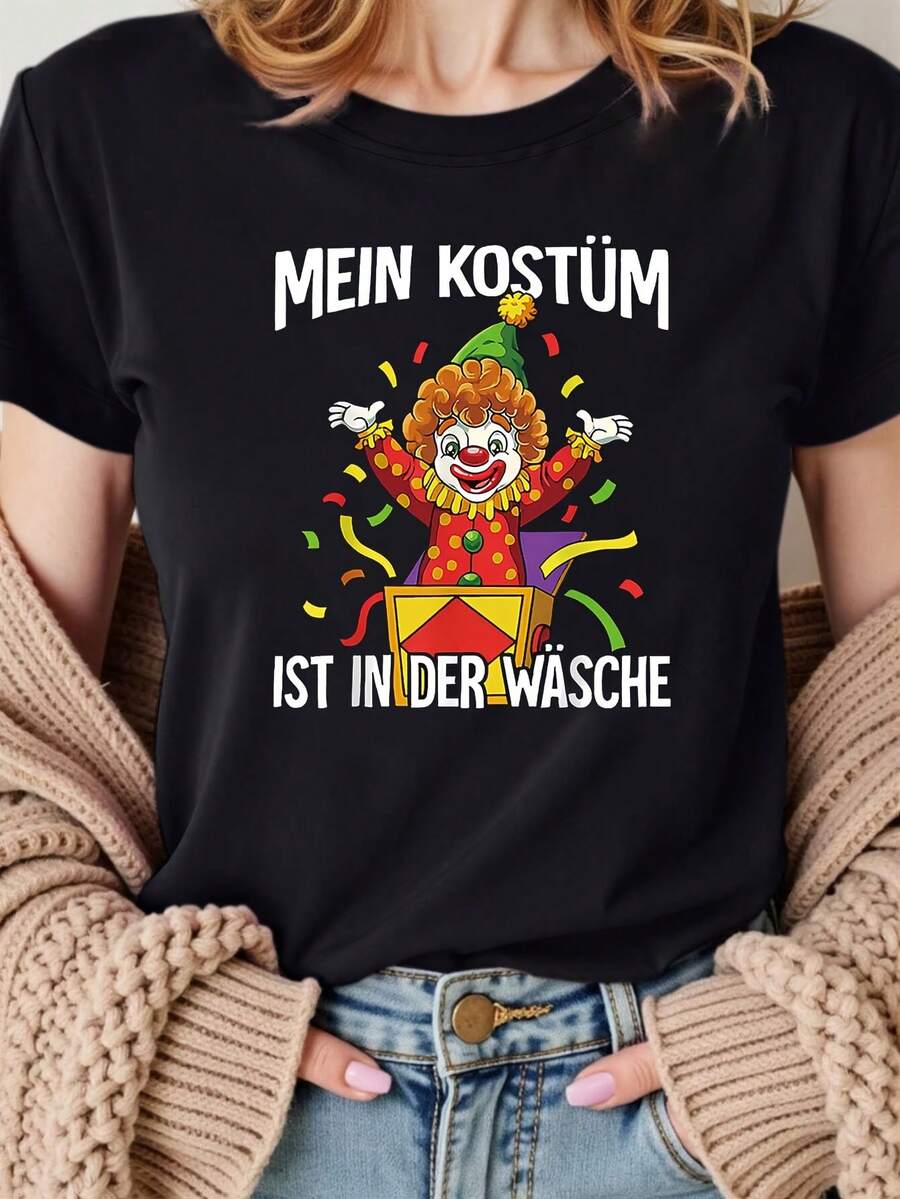 Talla - Talla - Camiseta Talla, Caja-up de Payaso de Carnaval Alemán MEIN KOSTÜIST IN DER SCHE Estampado de Patrón, Camiseta Negra de Manga Corta con Cuello Redondo y Estampado - Lavable aáquina, Adecuada para Fiestas Navideñas, Adecuada para Primavera - Negro - Ver 1