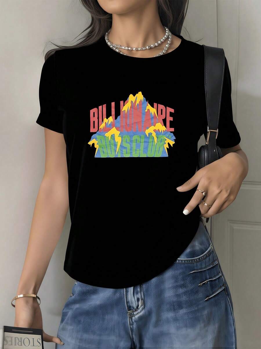 Colorful Mountains Symbolizing Rising Energy And Inner Strength With Vibrant Lettering Evoking Passion And Confidence. Modern Casual Women's T-Shirt For Everyday Wear. - Black - View 1