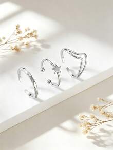 Set de 3 anillos abiertos y ajustables minimalistas para mujer con decoración de estrella y textura de ola, adecuados para uso diario, citas y fiestas - 3 piezas - Ver 2