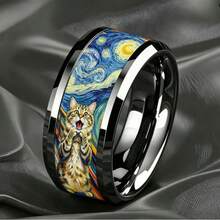 8mm Steel Color Tungsten Carbide Beveled Edge Ring, Printed With Scream Style Cat Parody Pattern, Playful Artistic Personalized Ring, Comfortable Fit Unisex Jewelry, Suitable As Gift For Cat Lovers - Silver - View 5