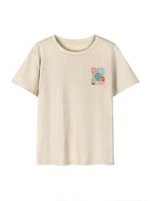 Camiseta de manga corta para mujer con estampado retro italiano de vino y comida, estilo mediterráneo, holgada, con diseño gráfico, cuello redondo, informal, adecuada para uso diario, ropa de calle, salidas de verano, vacaciones, color blanco. - Albaricoque - Ver 3