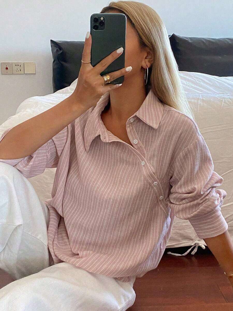 Camisa holgada de mujer con rayas y cuello de solapa - Negro - Ver 1