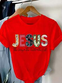 Simple And Versatile Design. Women's Casual Crew Neck T-Shirt With A Colorful Letter Print That Says "Jesus" And A Design That Says "The Way, The Truth, The Life." Short Sleeves, Regular Length, Soft Fabric, Comfortable For All Seasons. Cotton T-Shirt. - 紅色 - 查看 6