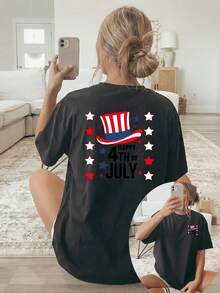 [Double-Sided Print] Women's Short-Sleeved, Crew-Neck T-Shirt In A Casual Style, Featuring A US Independence Day Print That Combines The Star-Spangled Banner With Star-Shaped Text. Machine Washable, Suitable For Casual Wear, Versatile Clothing, A  And Fashionable T-Shirt Made Of Comfortable Material, Perfect For Fashion Enthusiasts. - 黑色 - 查看 1