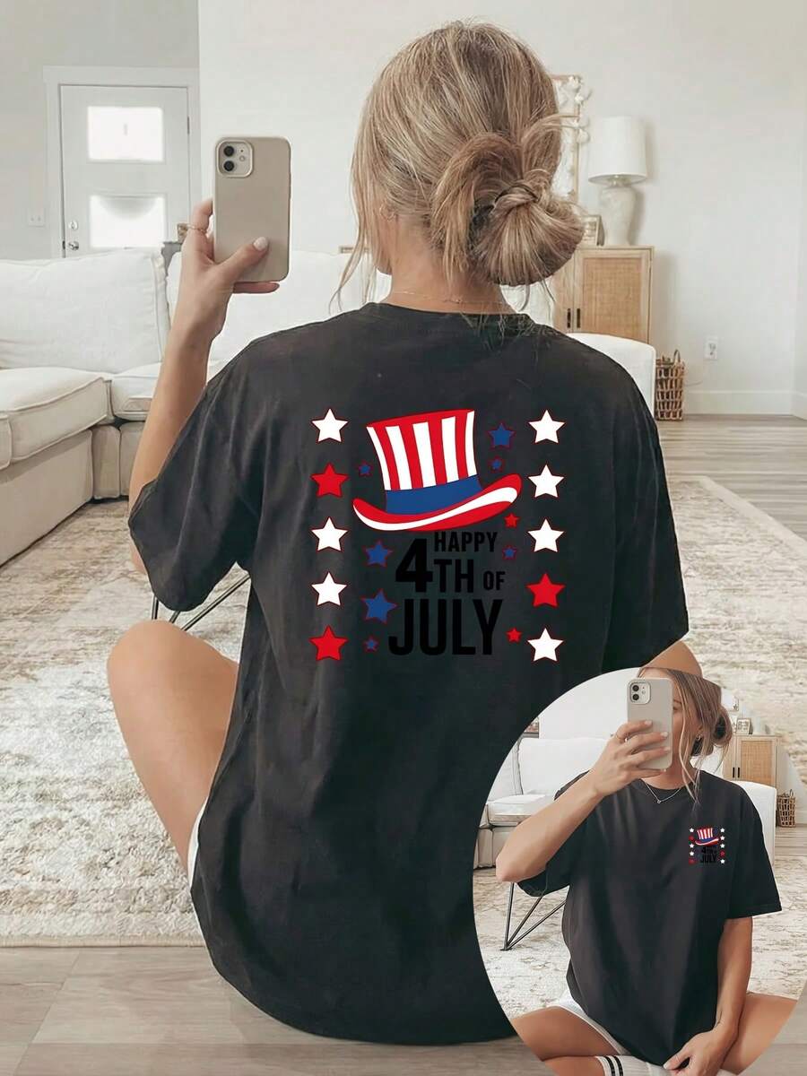 [Double-Sided Print] Women's Short-Sleeved, Crew-Neck T-Shirt In A Casual Style, Featuring A US Independence Day Print That Combines The Star-Spangled Banner With Star-Shaped Text. Machine Washable, Suitable For Casual Wear, Versatile Clothing, A  And Fashionable T-Shirt Made Of Comfortable Material, Perfect For Fashion Enthusiasts. - 黑色 - 查看 1