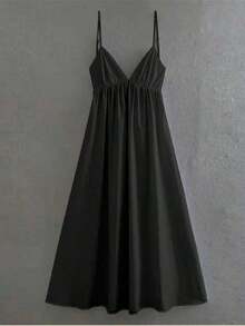 Women's Striped Dress With Thin Straps And Open Back - Black - View 4