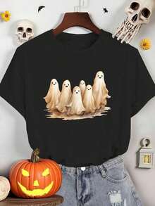 Women's Halloween Graphic T-Shirt, 6 White Ghosts Spiral Design, Casual Crew Neck, Medium Elasticity, Spring-Summer-Autumn Fashion, Perfect For Casual Outfits, Holiday Gift And Everyday Elegance, Halloween. - 黑色 - 查看 6