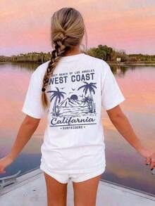 Women's 100% Cotton T-Shirt With A Sun And Beach Print Of West California, Perfect For Summer, The Beach, Music Festivals, And Vacations. It Features A Retro American Graphic Design, Making It A Great Summer And Casual T-Shirt, Ideal For Women's Vacations, With A Fun And  Design. - 白色 - 查看 2