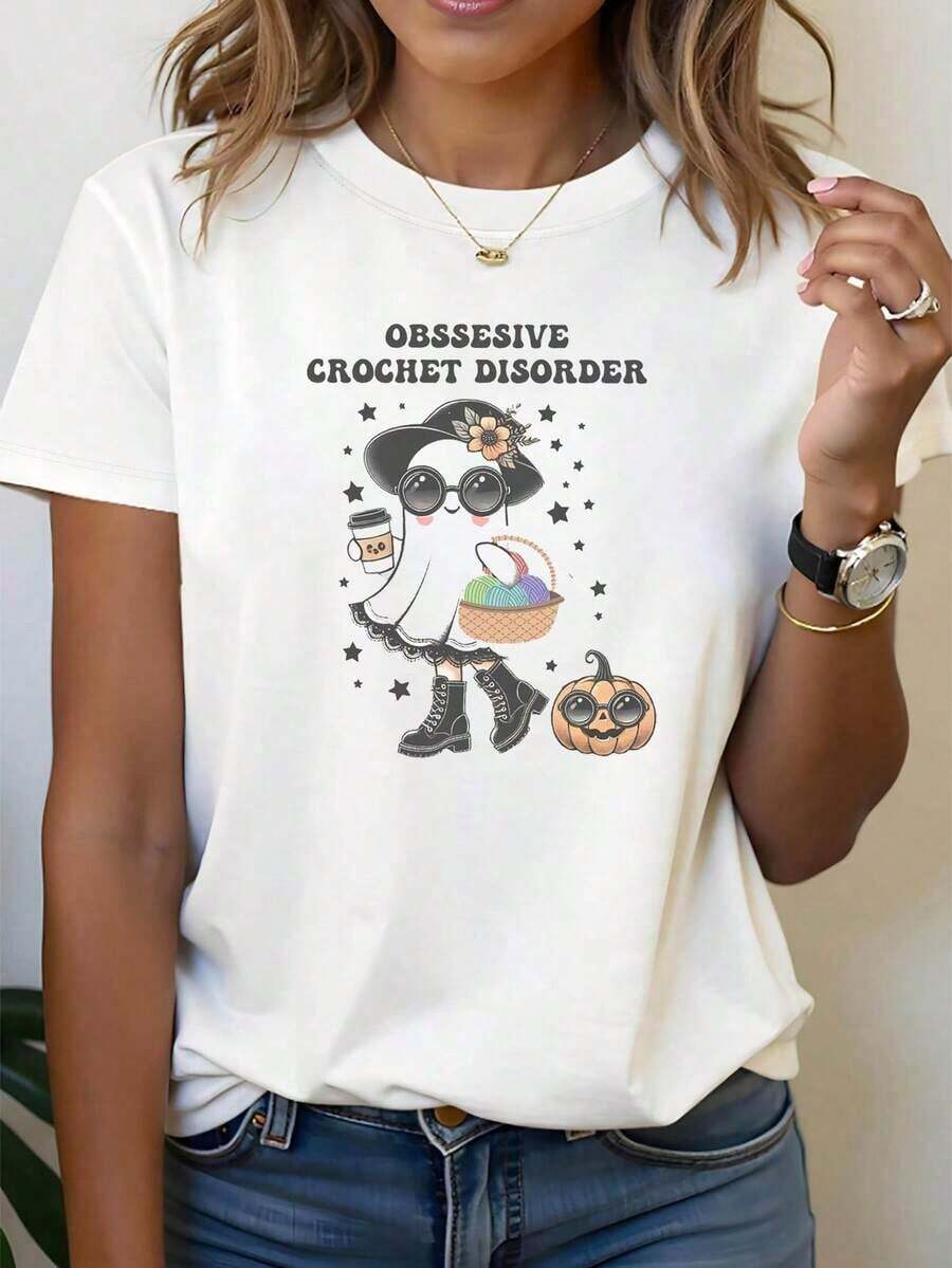 Plus Size Modern Minimalist T-Shirt, OBSESSIVE CROCHET DISORDER Women's Plus Size T-Shirt - Short Sleeve Crew Neck Top With Crochet Graphic Print, Casual Stretch Blouse Suitable For Spring/Summer, Crochet Parties, Daily Wear, And Themed Outfits. Soft - 白色的 - 查看 1