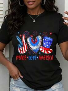 Women's Printed T-Shirt,  Women's T-Shirt, Patriotic Peace, Love, And America Design With American Flag Heart And Uncle Sam Hat For Independence Day Celebration. Summer T-Shirt. - 黑色 - 查看 2