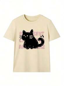 Funny Black Cat T-Shirt With Pink Text Background,  Short-Sleeve T-Shirt For Spring/Summer 2026, Made In Mexico, 180 Grams. Cartoon Print, Couple Design, Suitable For Indoor Or Outdoor Wear. Crew Neck, Unisex, Ideal For Office And Leisure. One-Pack. - APR-P631577SLNDXZGY640 - 查看 2